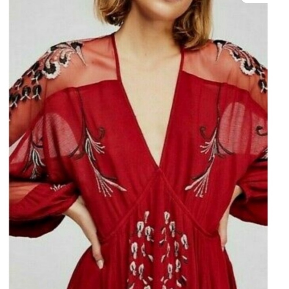 Free People Bonjour Floral Embroidered Long Sleeve Mini Dress Size Small Red - Picture 5 of 13